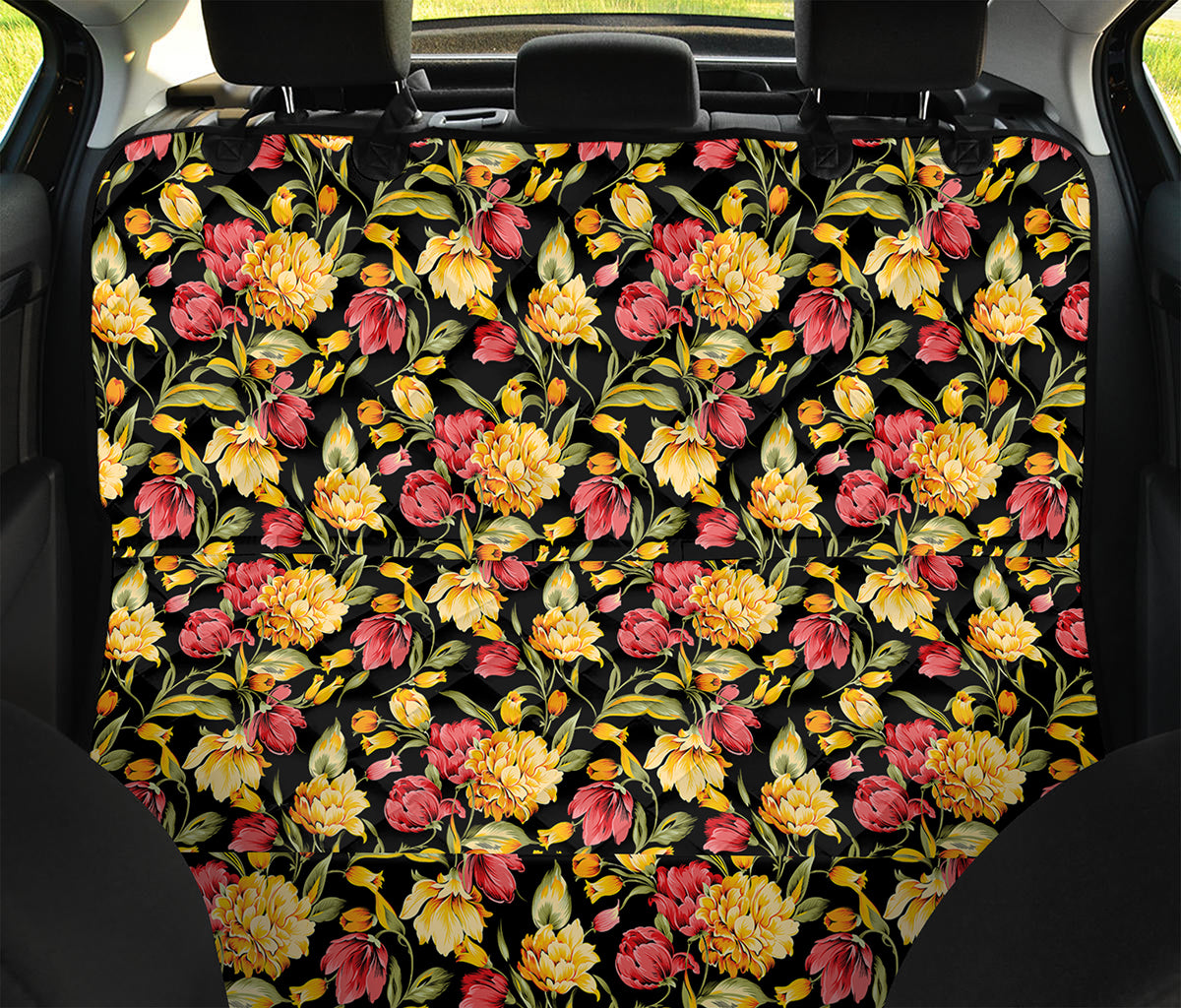 Red And Yellow Flowers Print Pet Car Back Seat Cover