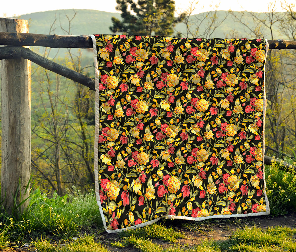 Red And Yellow Flowers Print Quilt