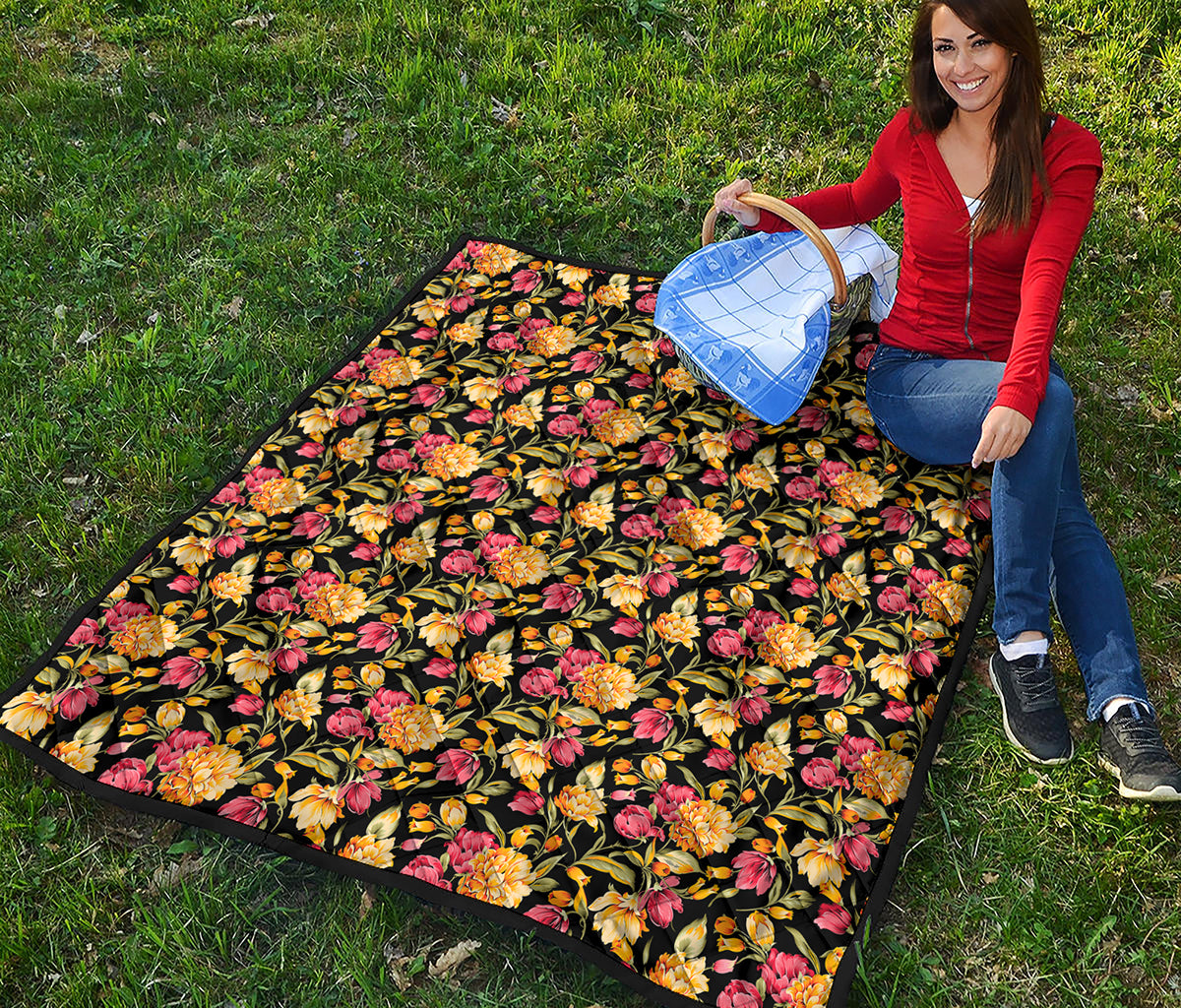 Red And Yellow Flowers Print Quilt