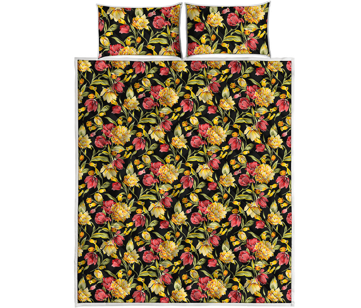 Red And Yellow Flowers Print Quilt Bed Set