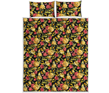 Red And Yellow Flowers Print Quilt Bed Set