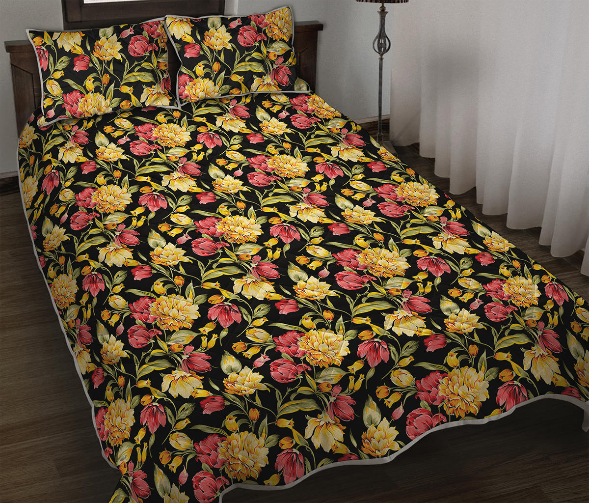 Red And Yellow Flowers Print Quilt Bed Set