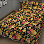 Red And Yellow Flowers Print Quilt Bed Set