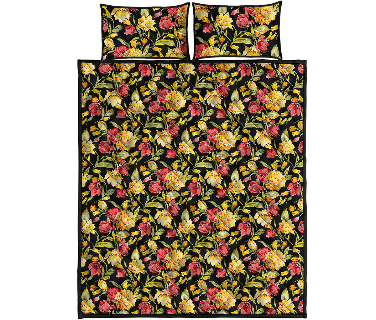 Red And Yellow Flowers Print Quilt Bed Set