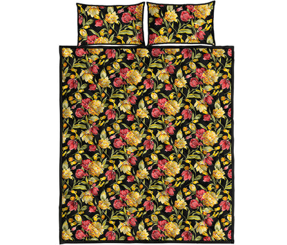 Red And Yellow Flowers Print Quilt Bed Set
