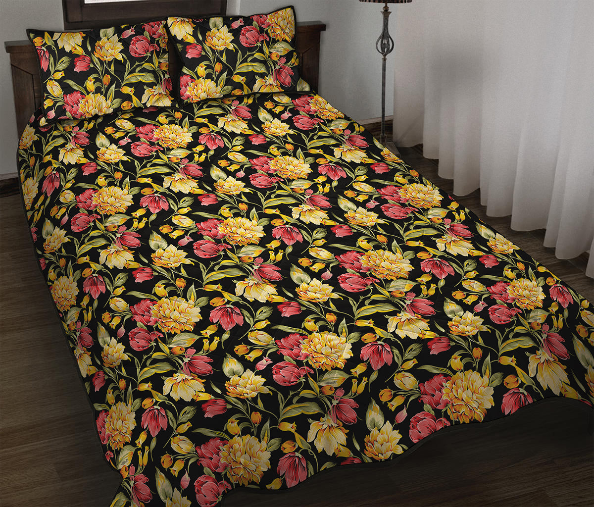 Red And Yellow Flowers Print Quilt Bed Set