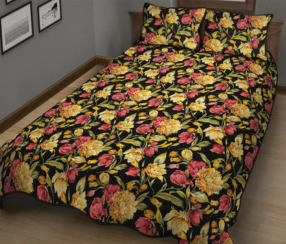 Red And Yellow Flowers Print Quilt Bed Set