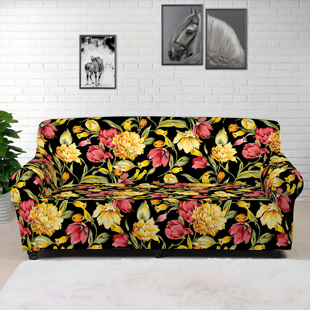Red And Yellow Flowers Print Sofa Cover