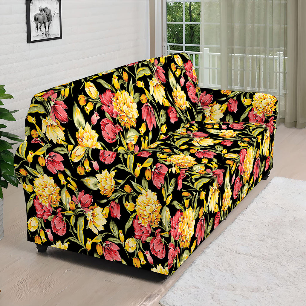 Red And Yellow Flowers Print Sofa Cover