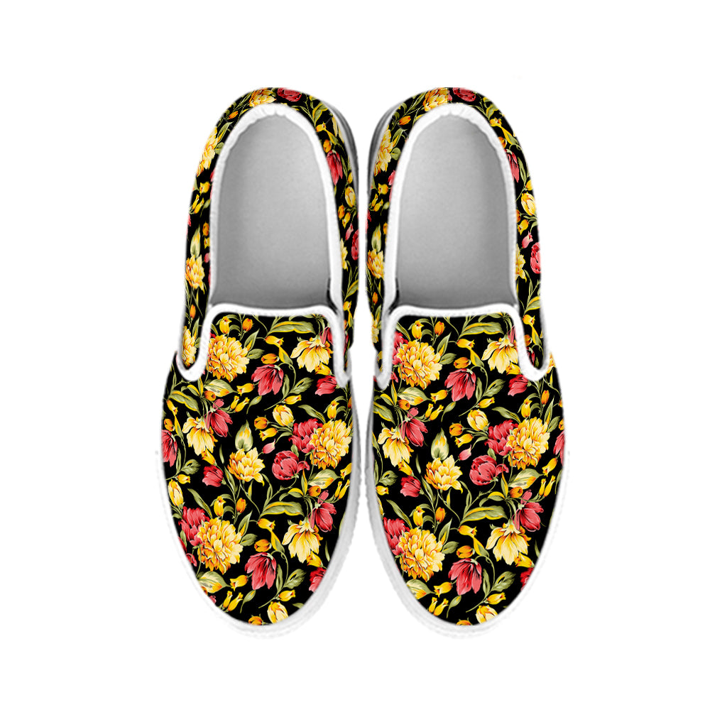 Red And Yellow Flowers Print White Slip On Shoes