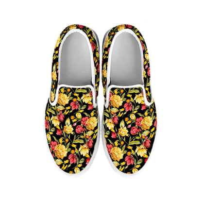 Red And Yellow Flowers Print White Slip On Shoes