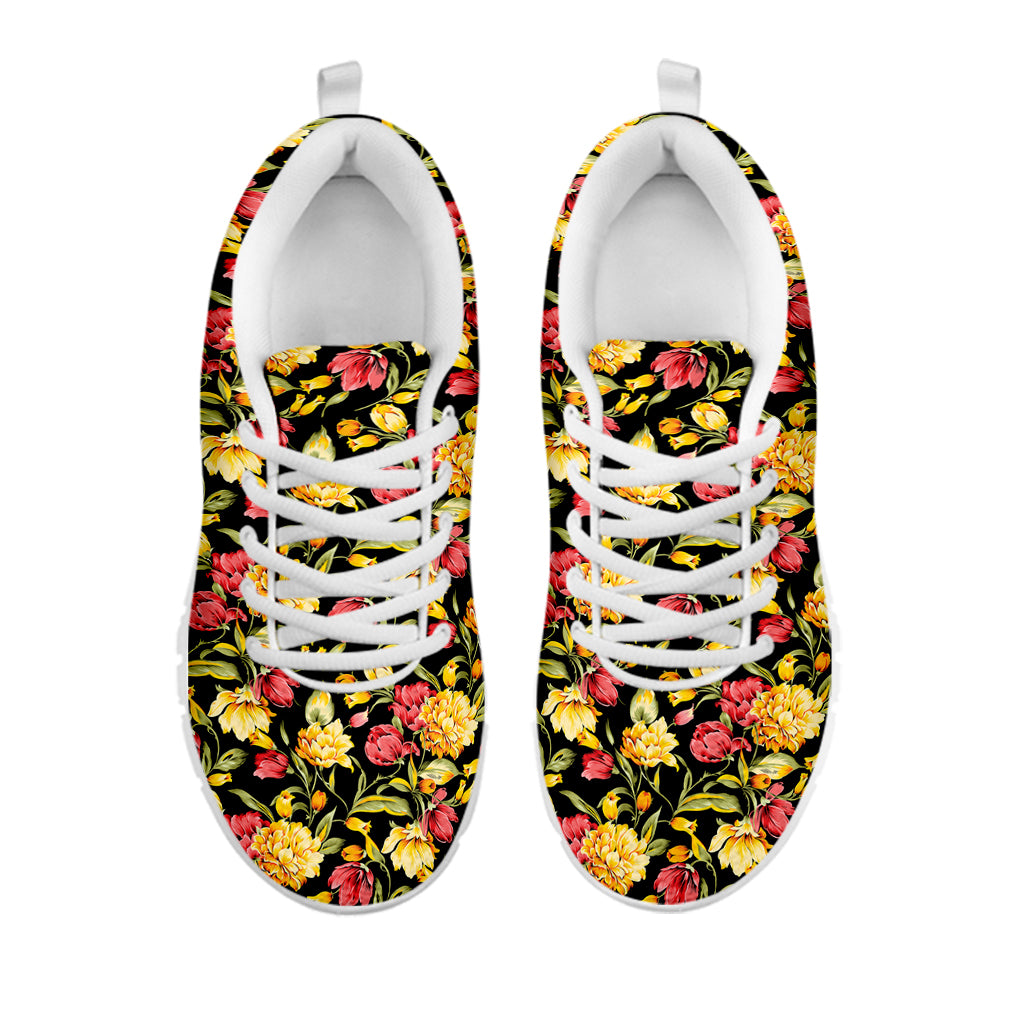 Red And Yellow Flowers Print White Sneakers