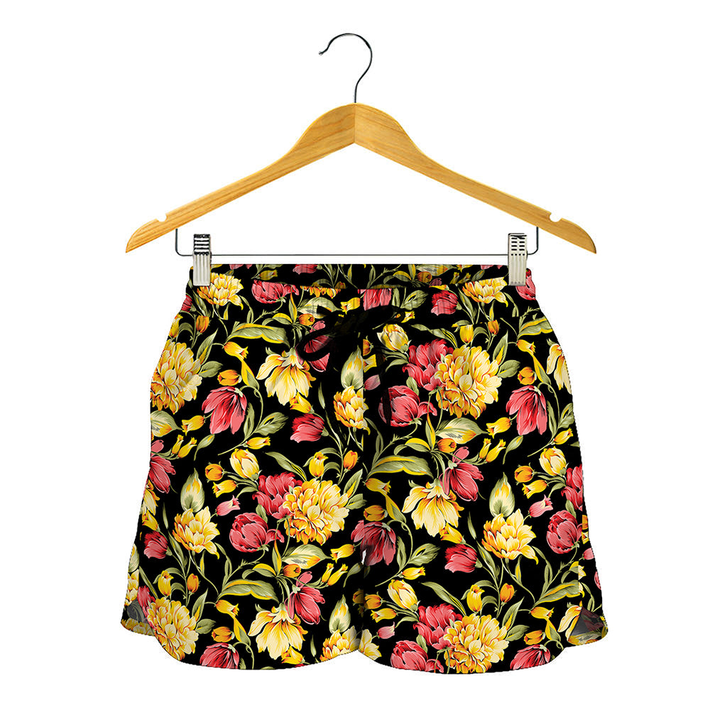 Red And Yellow Flowers Print Women's Shorts