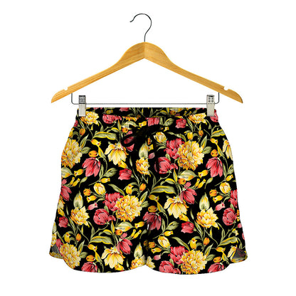 Red And Yellow Flowers Print Women's Shorts
