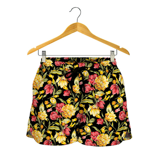 Red And Yellow Flowers Print Women's Shorts