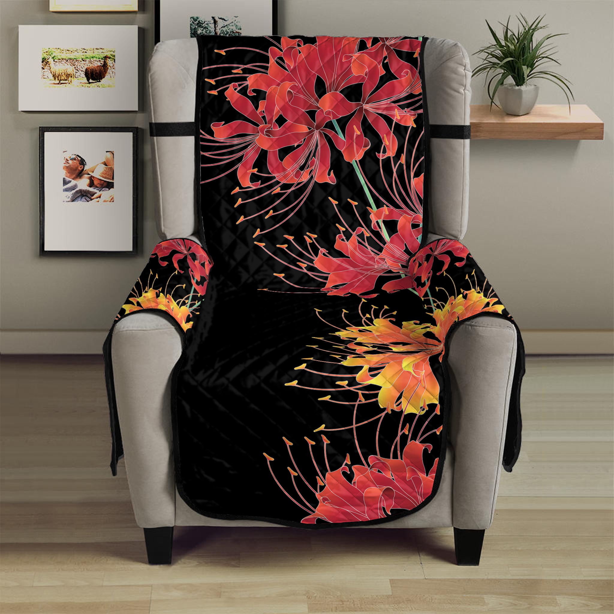 Red And Yellow Japanese Amaryllis Print Armchair Protector