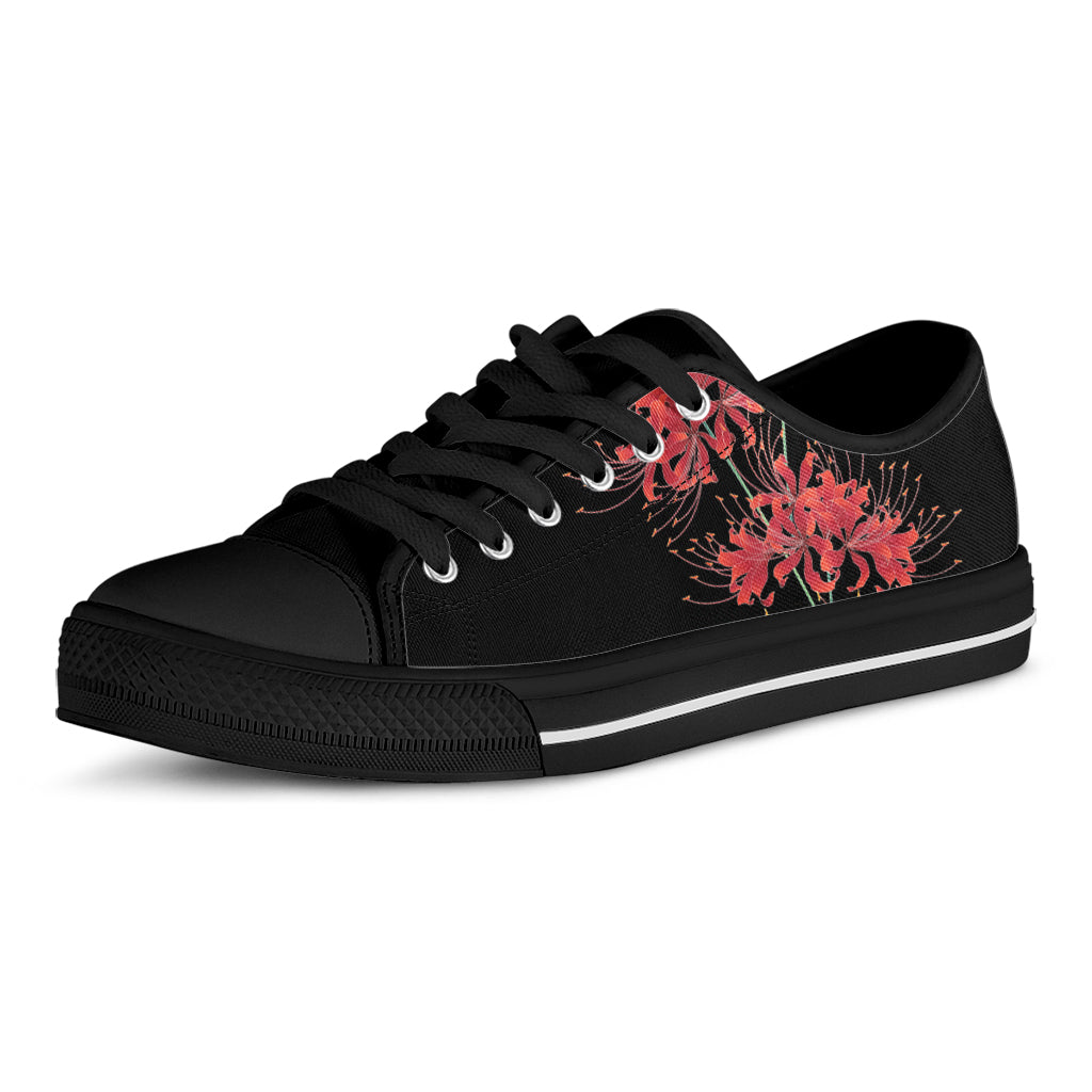 Red And Yellow Japanese Amaryllis Print Black Low Top Shoes