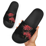 Red And Yellow Japanese Amaryllis Print Black Slide Sandals