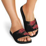 Red And Yellow Japanese Amaryllis Print Black Slide Sandals