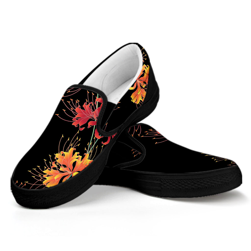 Red And Yellow Japanese Amaryllis Print Black Slip On Shoes