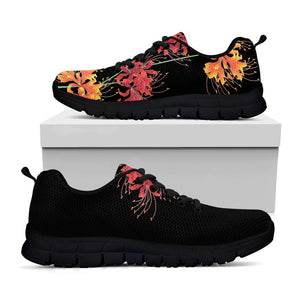 Red And Yellow Japanese Amaryllis Print Black Sneakers