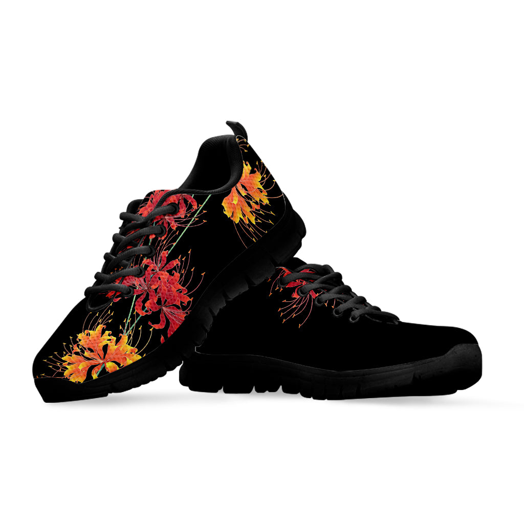 Red And Yellow Japanese Amaryllis Print Black Sneakers