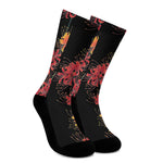 Red And Yellow Japanese Amaryllis Print Crew Socks