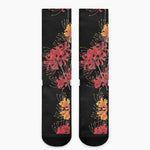 Red And Yellow Japanese Amaryllis Print Crew Socks