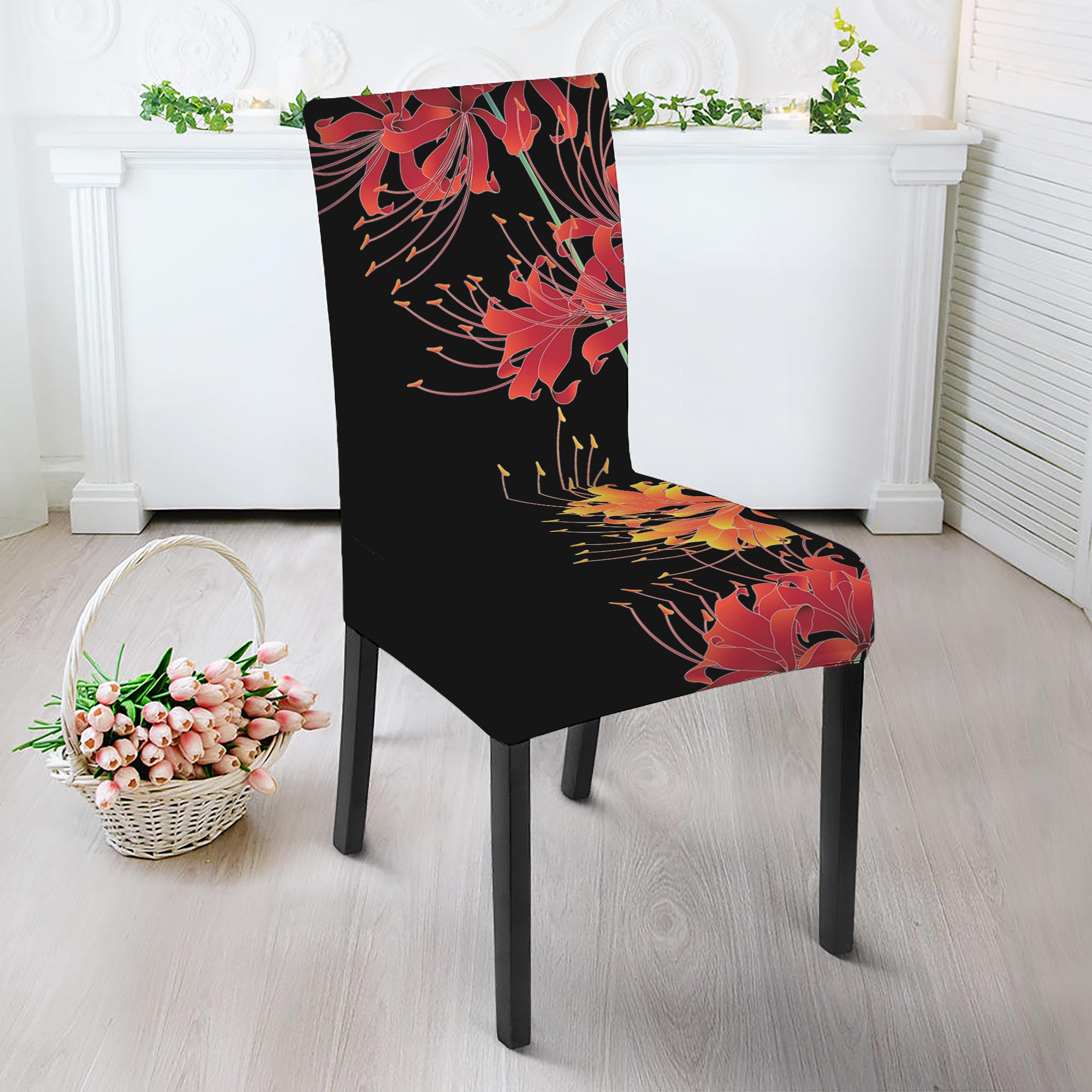 Red And Yellow Japanese Amaryllis Print Dining Chair Slipcover