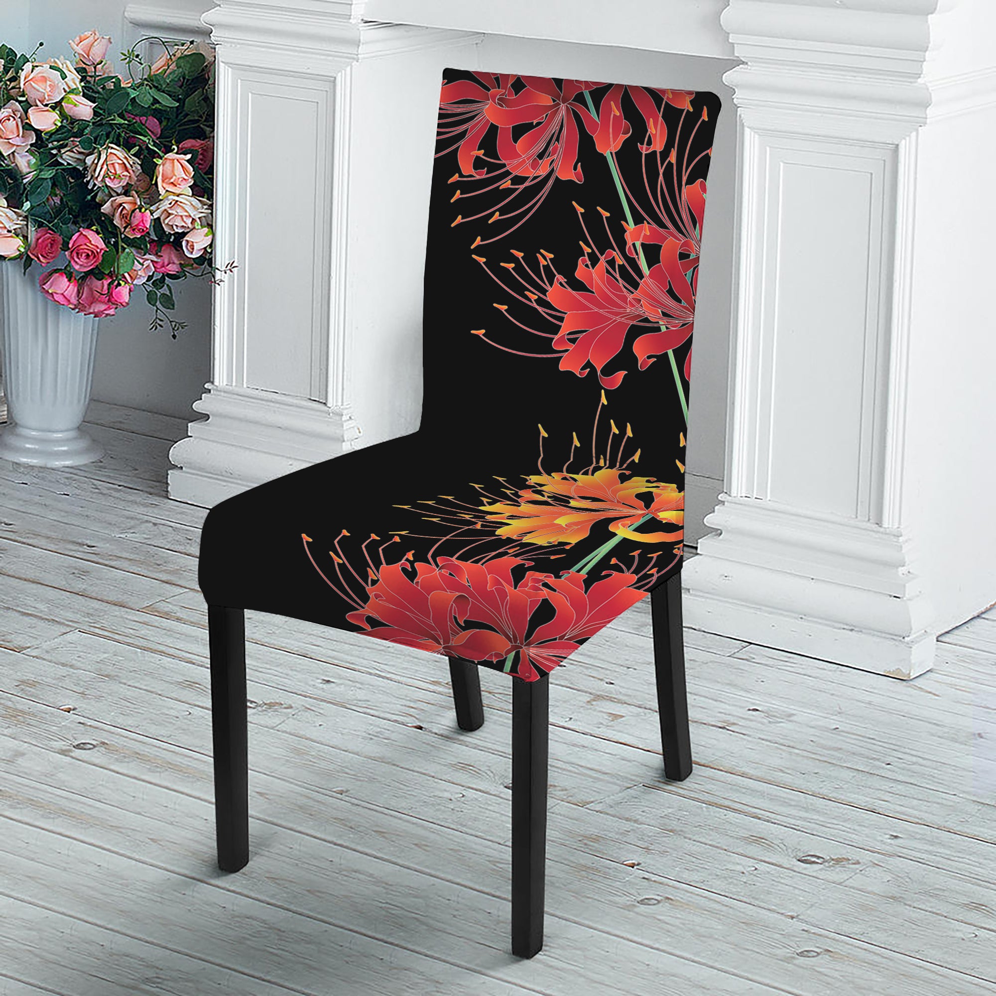 Red And Yellow Japanese Amaryllis Print Dining Chair Slipcover