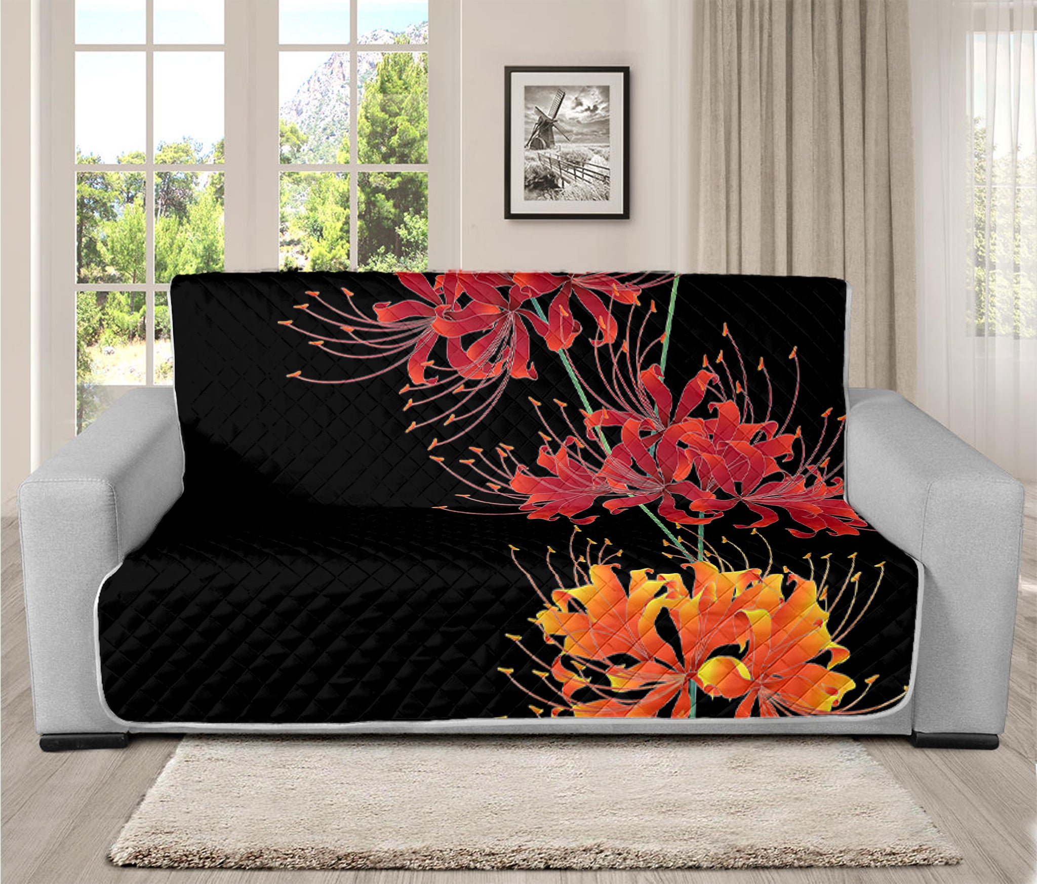 Red And Yellow Japanese Amaryllis Print Futon Protector