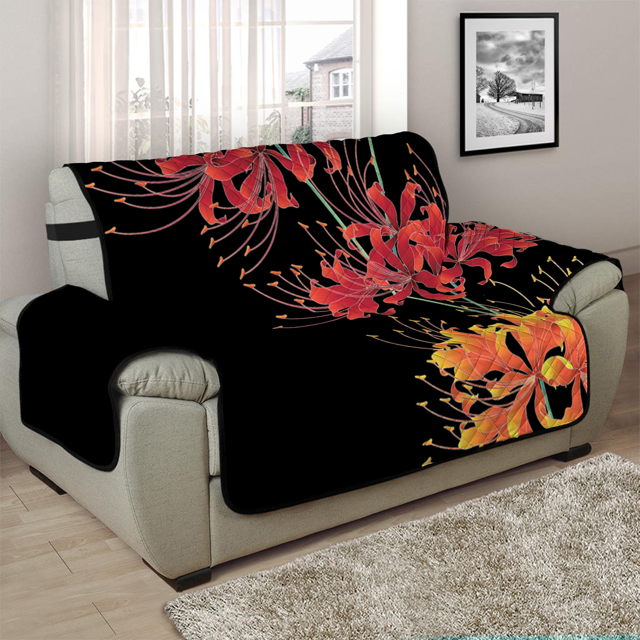 Red And Yellow Japanese Amaryllis Print Half Sofa Protector