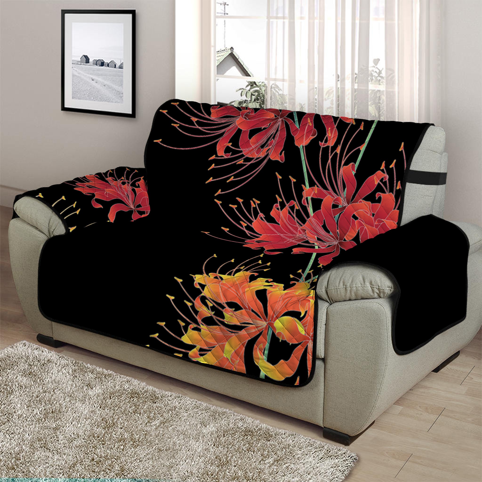 Red And Yellow Japanese Amaryllis Print Half Sofa Protector