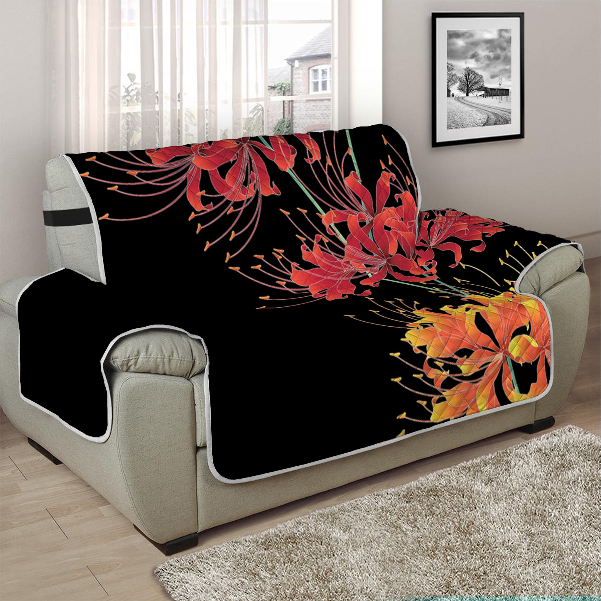 Red And Yellow Japanese Amaryllis Print Half Sofa Protector