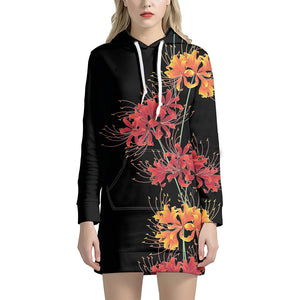 Red And Yellow Japanese Amaryllis Print Hoodie Dress