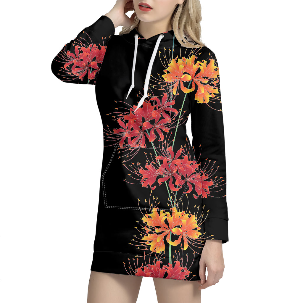 Red And Yellow Japanese Amaryllis Print Hoodie Dress