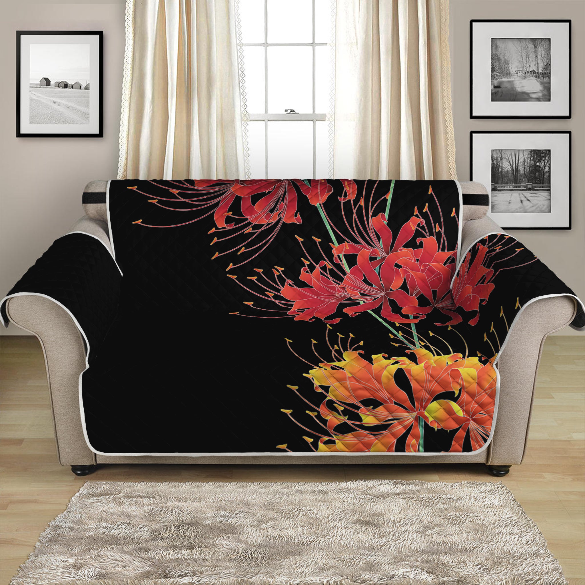 Red And Yellow Japanese Amaryllis Print Loveseat Protector