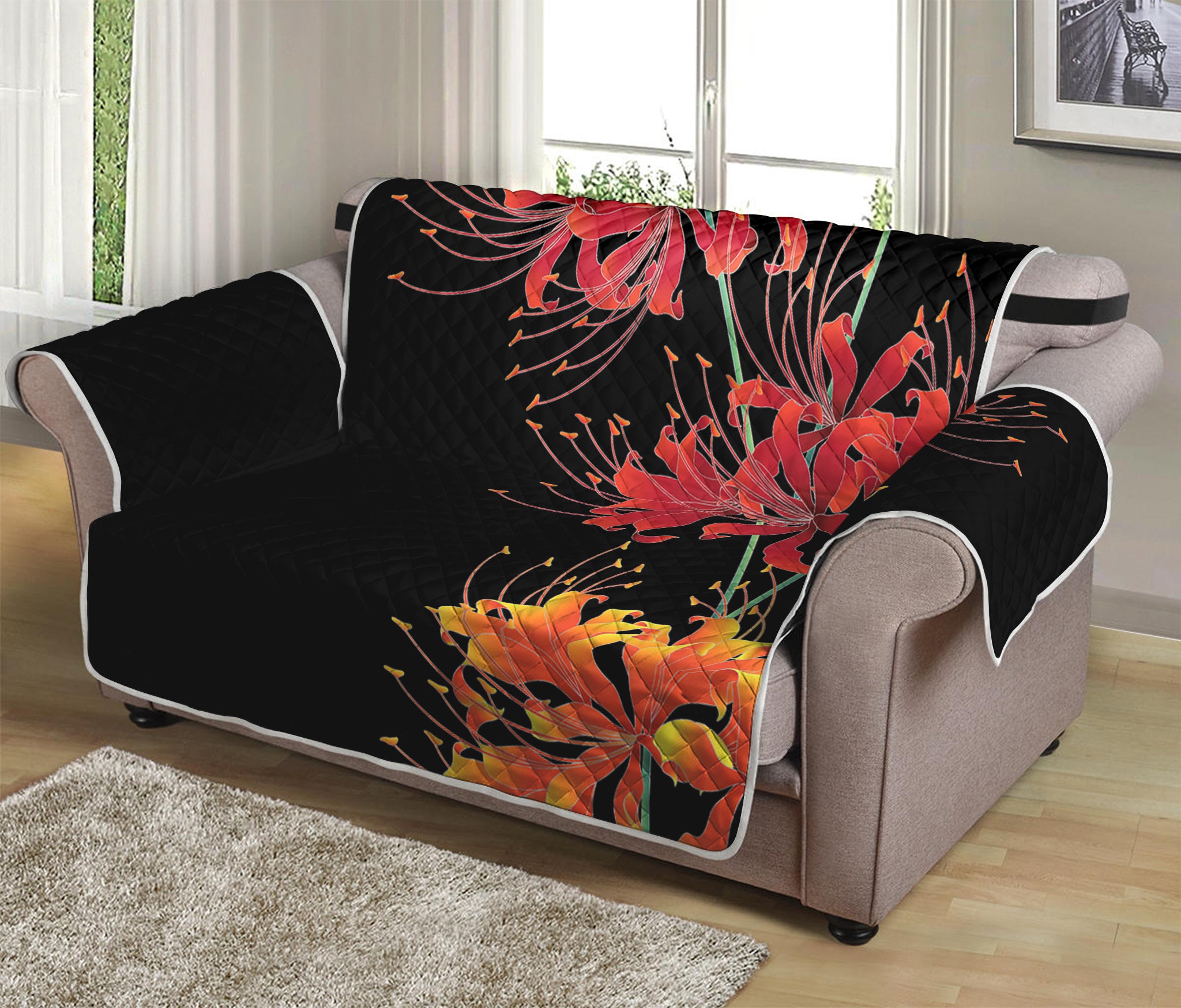 Red And Yellow Japanese Amaryllis Print Loveseat Protector