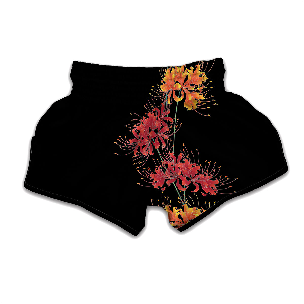 Red And Yellow Japanese Amaryllis Print Muay Thai Boxing Shorts