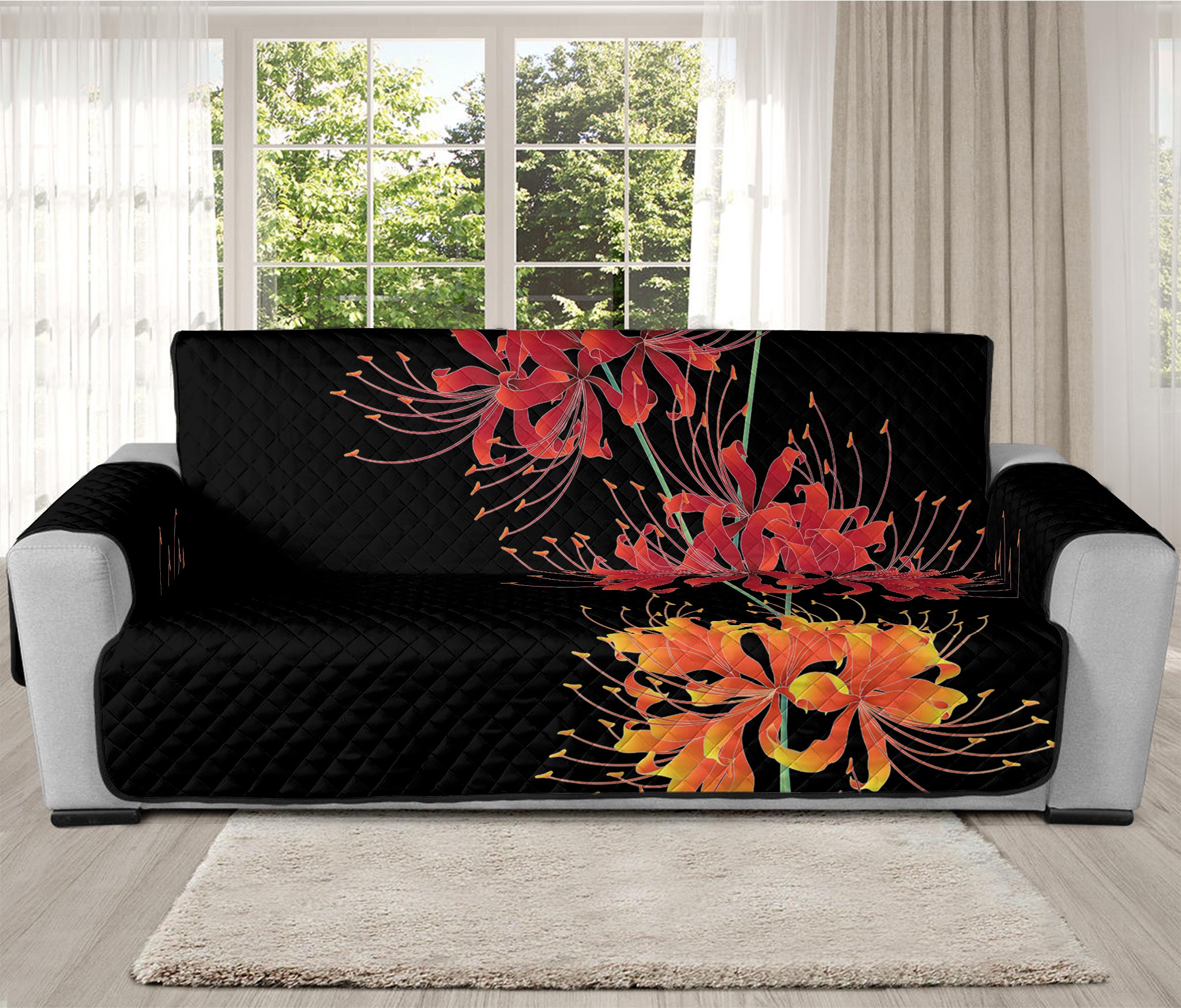 Red And Yellow Japanese Amaryllis Print Oversized Sofa Protector