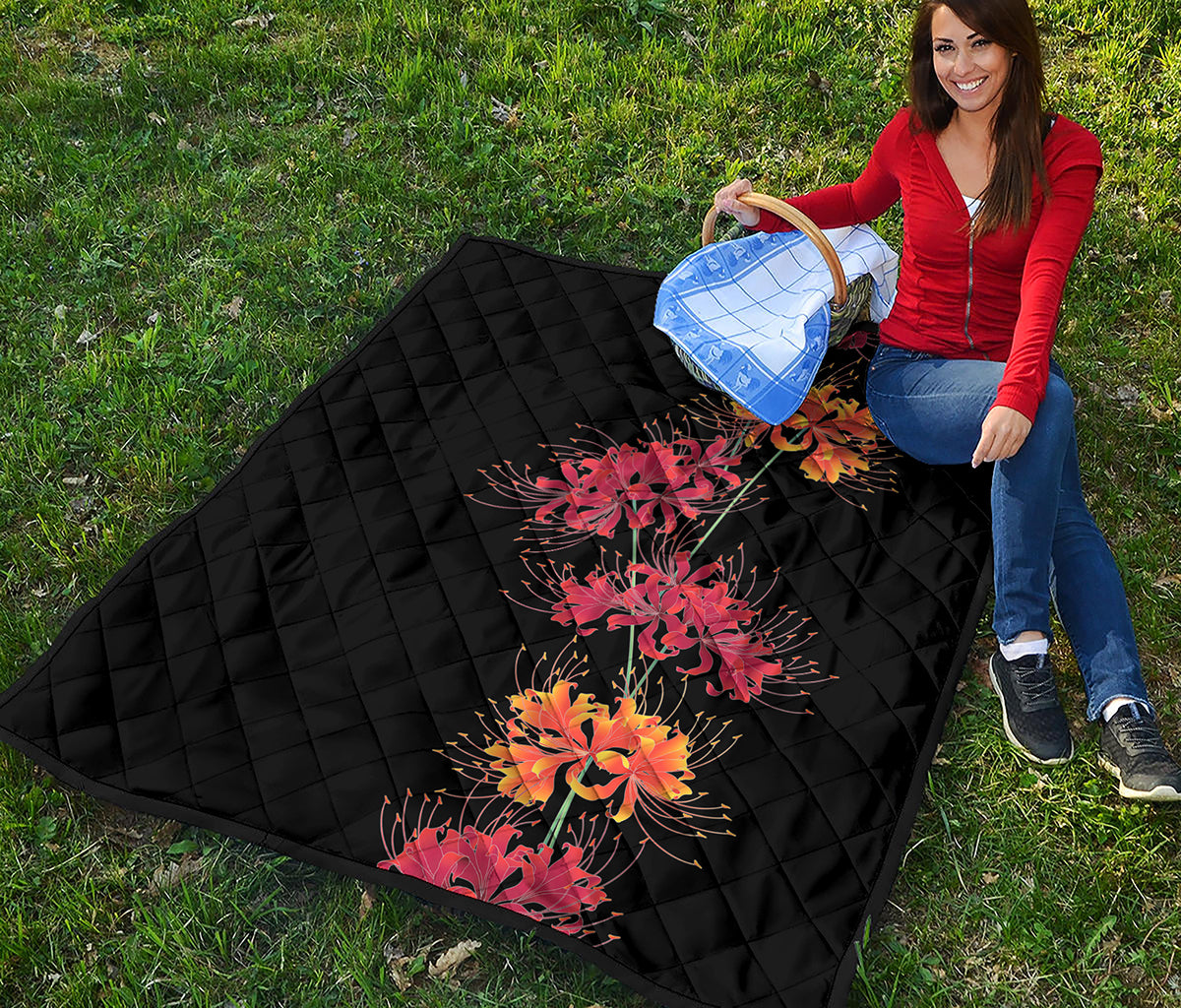 Red And Yellow Japanese Amaryllis Print Quilt