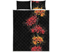 Red And Yellow Japanese Amaryllis Print Quilt Bed Set