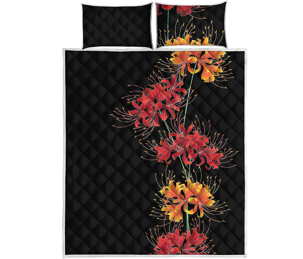 Red And Yellow Japanese Amaryllis Print Quilt Bed Set