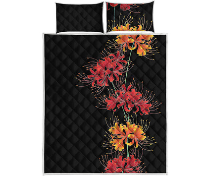 Red And Yellow Japanese Amaryllis Print Quilt Bed Set