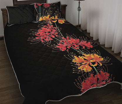 Red And Yellow Japanese Amaryllis Print Quilt Bed Set