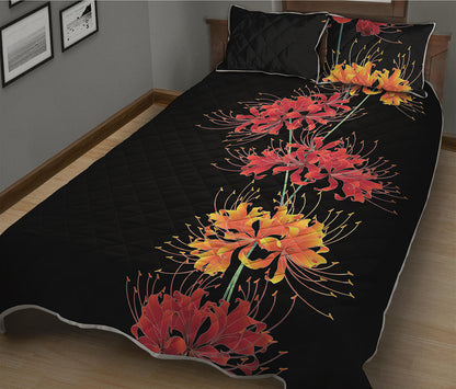 Red And Yellow Japanese Amaryllis Print Quilt Bed Set