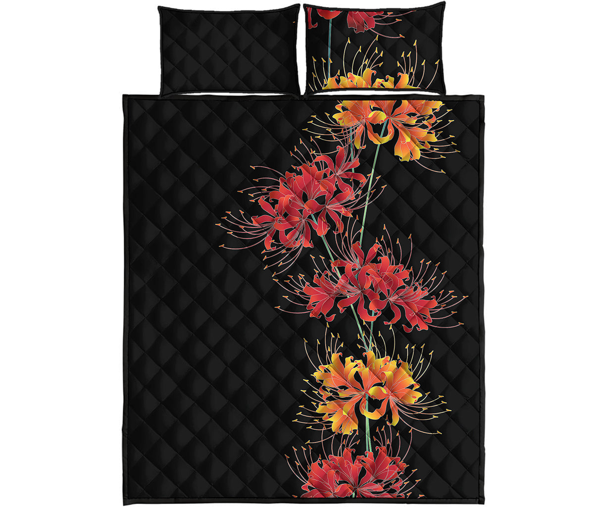 Red And Yellow Japanese Amaryllis Print Quilt Bed Set