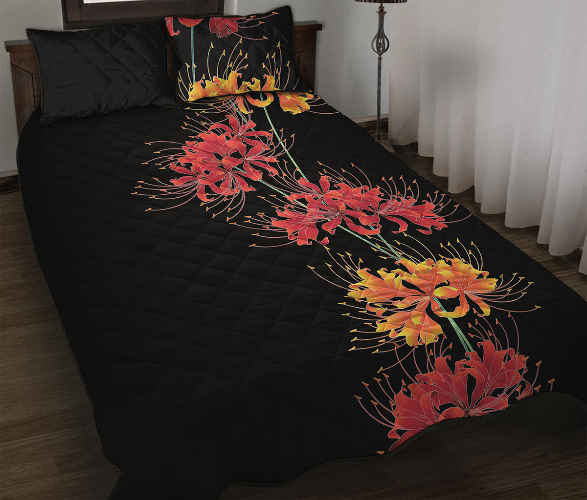 Red And Yellow Japanese Amaryllis Print Quilt Bed Set
