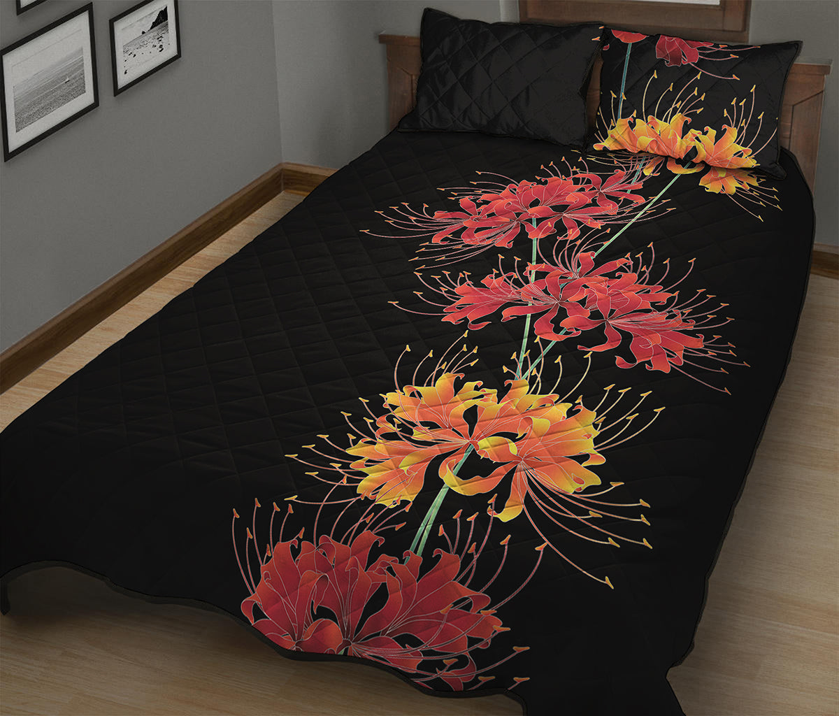 Red And Yellow Japanese Amaryllis Print Quilt Bed Set