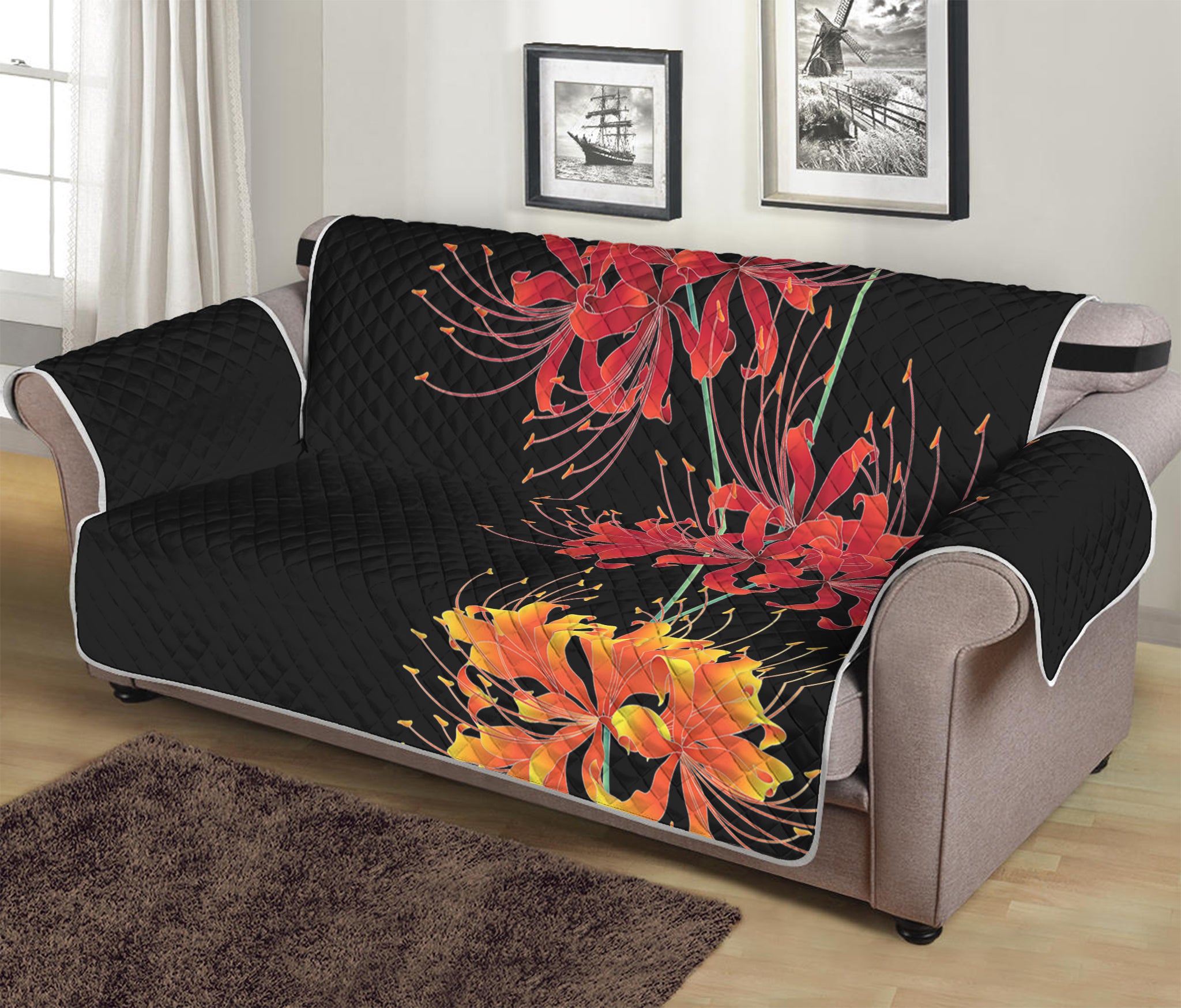 Red And Yellow Japanese Amaryllis Print Sofa Protector